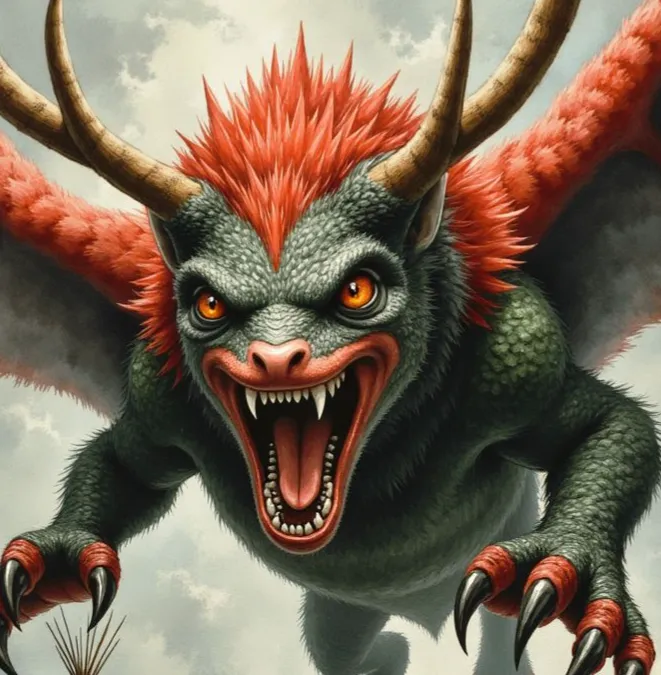 Piasa als fliegendes Ungeheuer mit dunklem Körper, roter Mähne und Hörnern, das mit glühenden Augen und spitzen Zähnen angreift