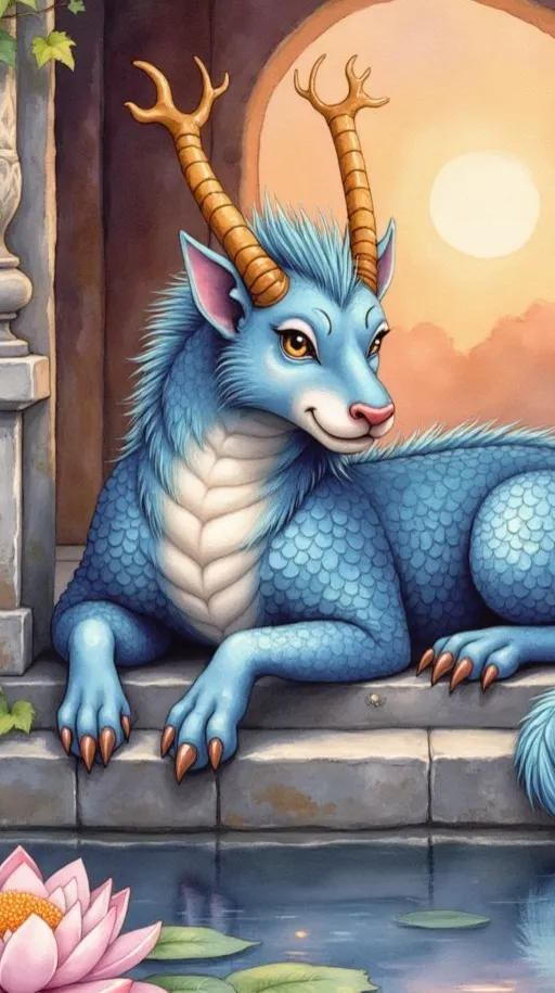 Qilin, ein sanftmütiges, blaues Fabelwesen mit schuppigem Körper, Hörnern und freundlichem Gesicht, das an einem Lotusteich ruht