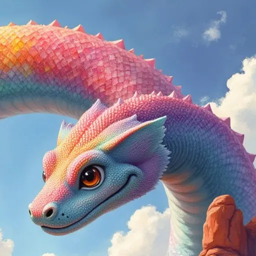 Regenbogenschlange als riesige, freundliche Schlange mit Schuppen in Regenbogenfarben, die durch einen blauen Himmel gleitet