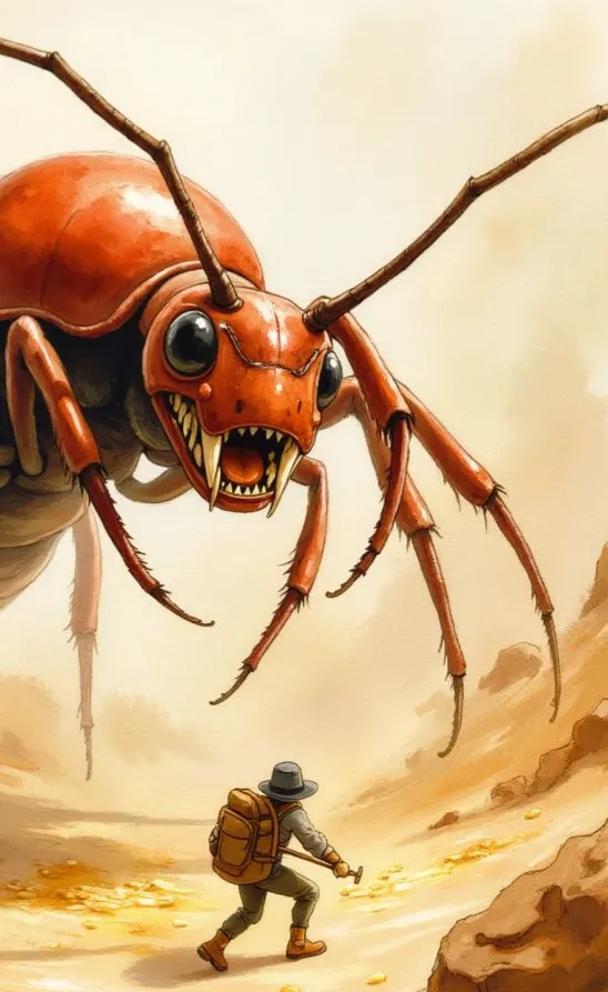 Eine gewaltige, rote Riesenameise mit scharfen Zähnen und großen Facettenaugen, die sich über einem Abenteurer in einer kargen Wüstenlandschaft erhebt