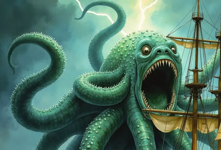 Eine monströse, grüne Riesenkrake mit weit aufgerissenem Maul voller spitzer Zähne, die während eines Gewitters ein altes Segelschiff mit ihren Tentakeln umschlingt