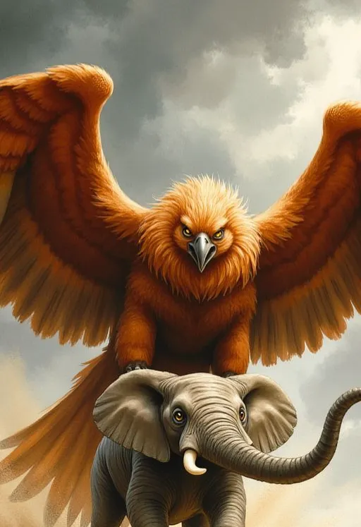 Roch als gewaltiger, orangefarbener Raubvogel, der mit ausgebreiteten Flügeln auf dem Rücken eines Elefanten landet