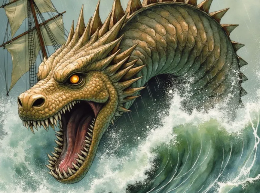 Seeschlange als riesiges, drachenartiges Meeresungeheuer mit beigen Schuppen und glühenden Augen, das neben einem Schiff aus den Wellen ragt