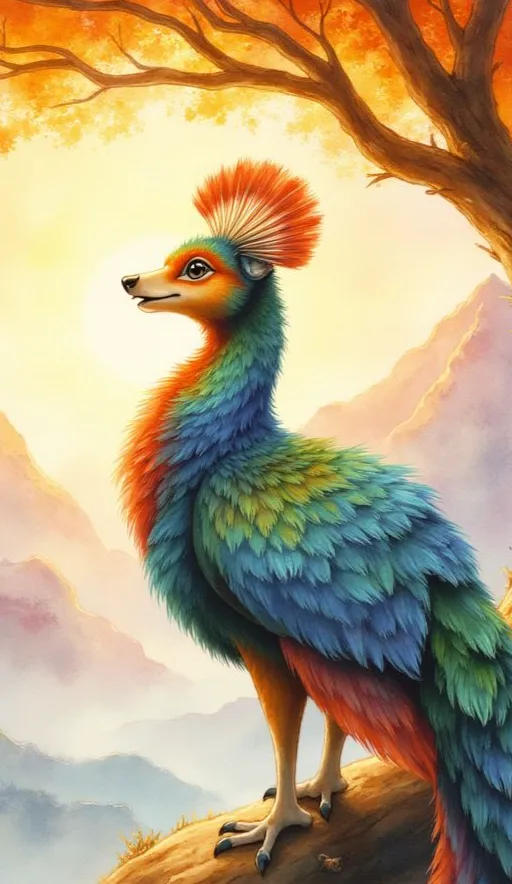 Simurgh als mythisches Wesen mit dem Kopf eines Hundes, einem bunten Federkleid und einer Federkrone, das in den Bergen sitzt