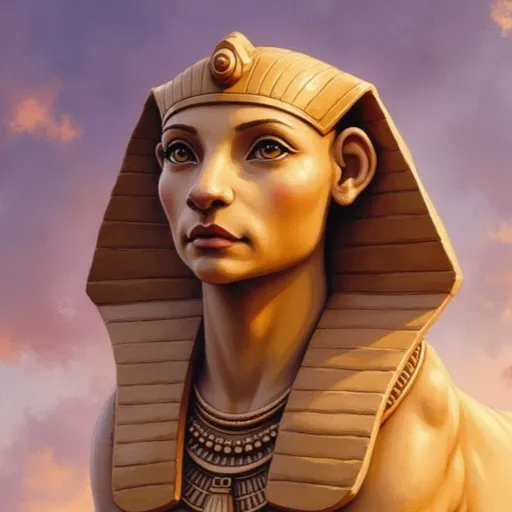 Die Sphinx mit dem Antlitz einer weisen Frau und einer goldenen, ägyptischen Kopfbedeckung blickt vor einem lila-orangen Abendhimmel in die Ferne