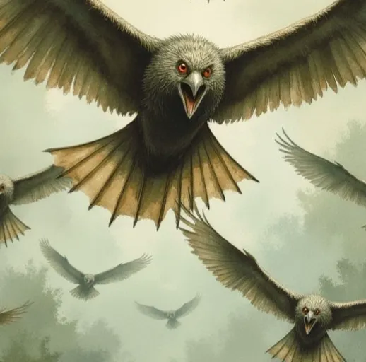 Ein Schwarm Stymphaliden, vogelartige Monster mit dunklem Gefieder und rot leuchtenden Augen, stürzt kreischend aus einem nebligen Himmel herab