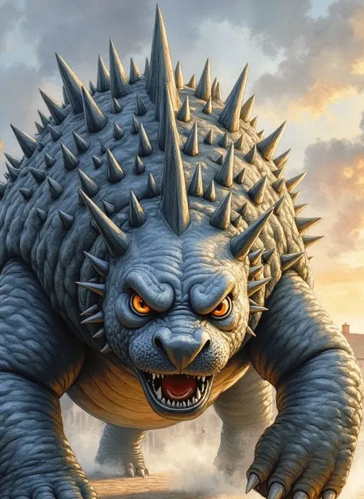 Die Tarasque, eine massive, drachenähnliche Bestie mit grauem Stachelpanzer und bedrohlich leuchtenden Augen, brüllt und stürmt nach vorne