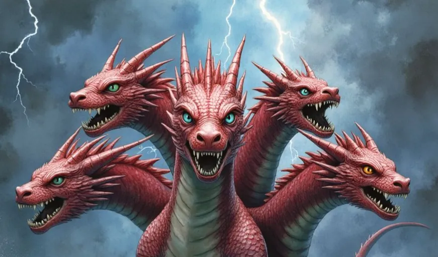 Tiamat, ein gewaltiger roter Drache mit fünf Köpfen und leuchtenden Augen, vor einem dunklen, von Blitzen erhellten Gewitterhimmel