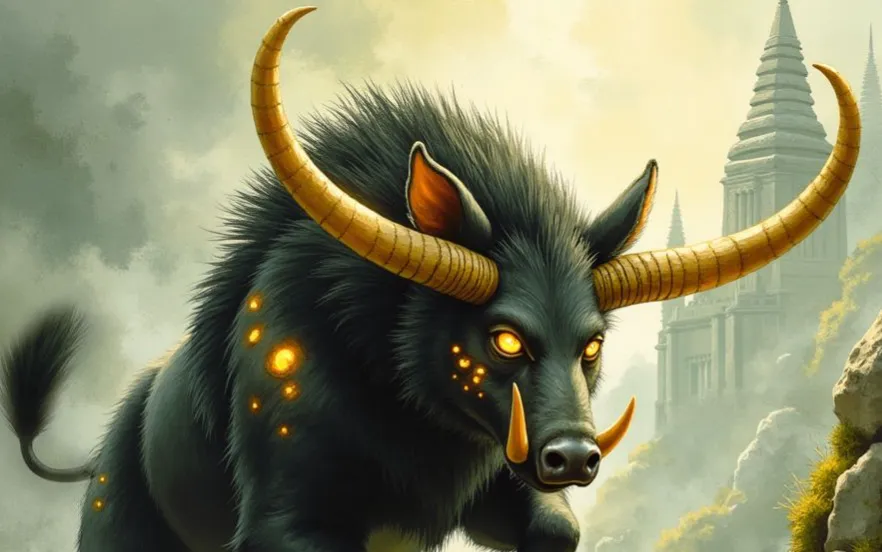 Das Yale, eine mythische, schwarze Bestie mit Eberkopf, leuchtenden Augen und großen, goldenen Hörnern vor einer nebligen Burgkulisse