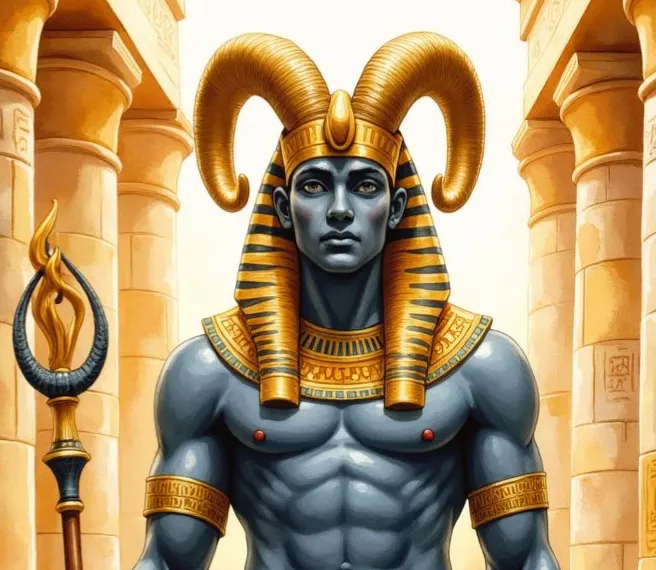 Der ägyptische Gott Amun mit blaugrauer Haut, einem goldenen Pharaonen-Kopfschmuck und mächtigen Widderhörnern, der in einem Tempel steht und ein Zepter hält