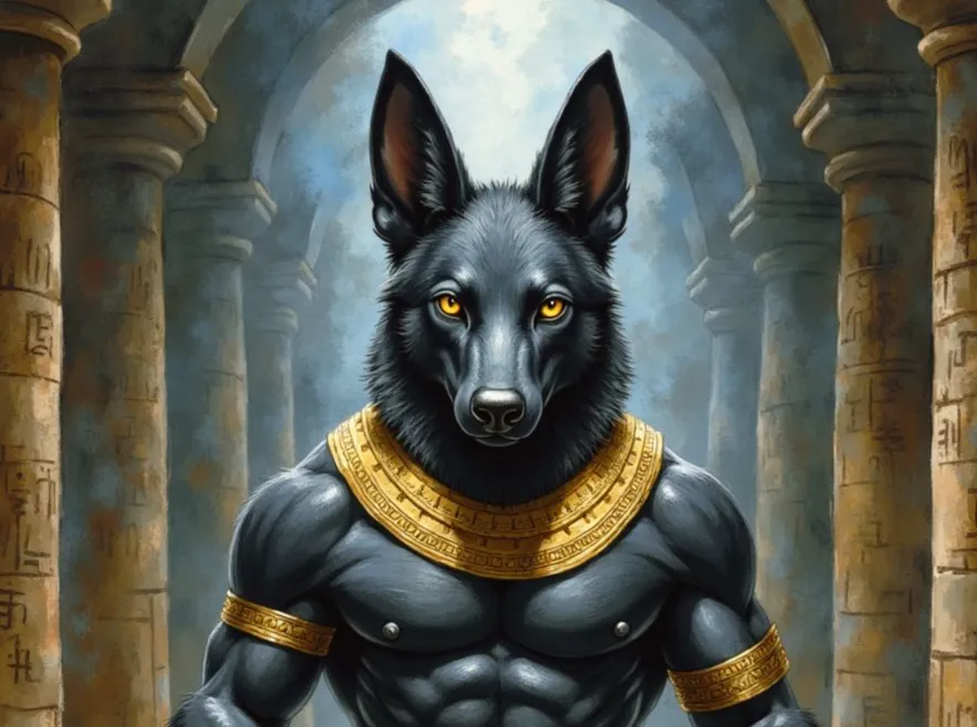 Der ägyptische Gott Anubis mit schwarzem Schakalkopf und leuchtend gelben Augen, der mit muskulösem Oberkörper in einer alten Tempelhalle wacht