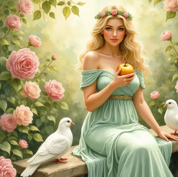 Die Göttin Aphrodite mit blonden Haaren und einem Blumenkranz, die in einem Garten voller Rosen sitzt und einen goldenen Apfel in der Hand hält, neben ihr sitzen zwei weiße Tauben