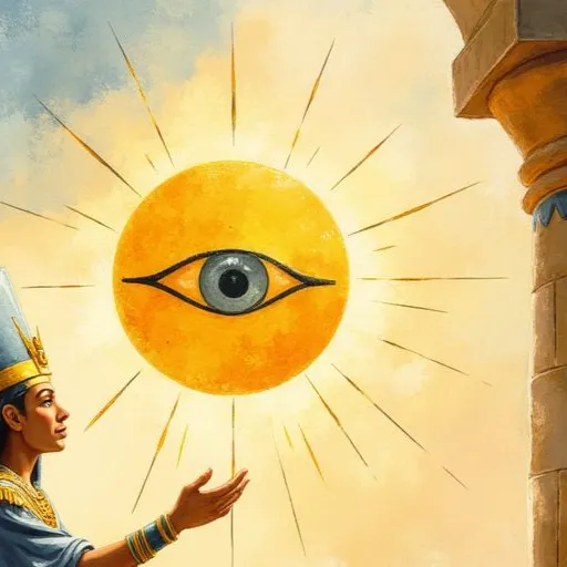 Der ägyptische Gott Aton als leuchtende Sonnenscheibe mit einem Auge, dem ein Pharao mit hoher blauer Krone huldigt