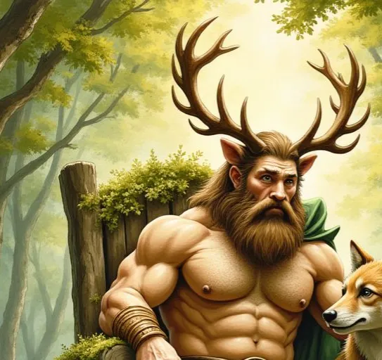 Der keltische Gott Cernunnos mit einem großen Hirschgeweih und muskulösem Oberkörper, der in einem Wald auf einem Thron sitzt, neben ihm ein kleiner Fuchs
