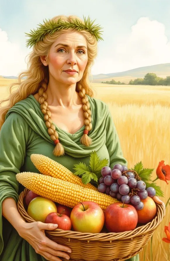 Die Göttin Demeter mit einem Kranz aus Ähren im blonden Haar, die vor einem Kornfeld steht und einen Korb voller Äpfel, Trauben und Maiskolben hält