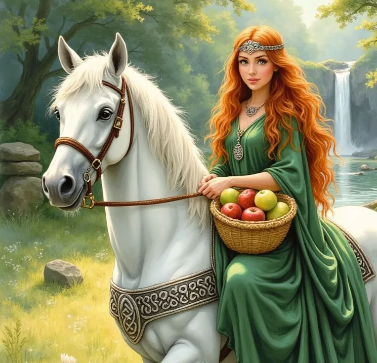 Die keltische Göttin Epona mit langen roten Haaren, die auf einem weißen Pferd sitzt und einen Korb voller Äpfel hält, im Hintergrund ist ein Wasserfall zu sehen
