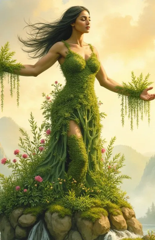Die Göttin Gaia als Personifikation der Erde, ihr Kleid und Körper sind aus Pflanzen, Moos und Blumen geformt, sie steht auf einem Felsen in den Bergen