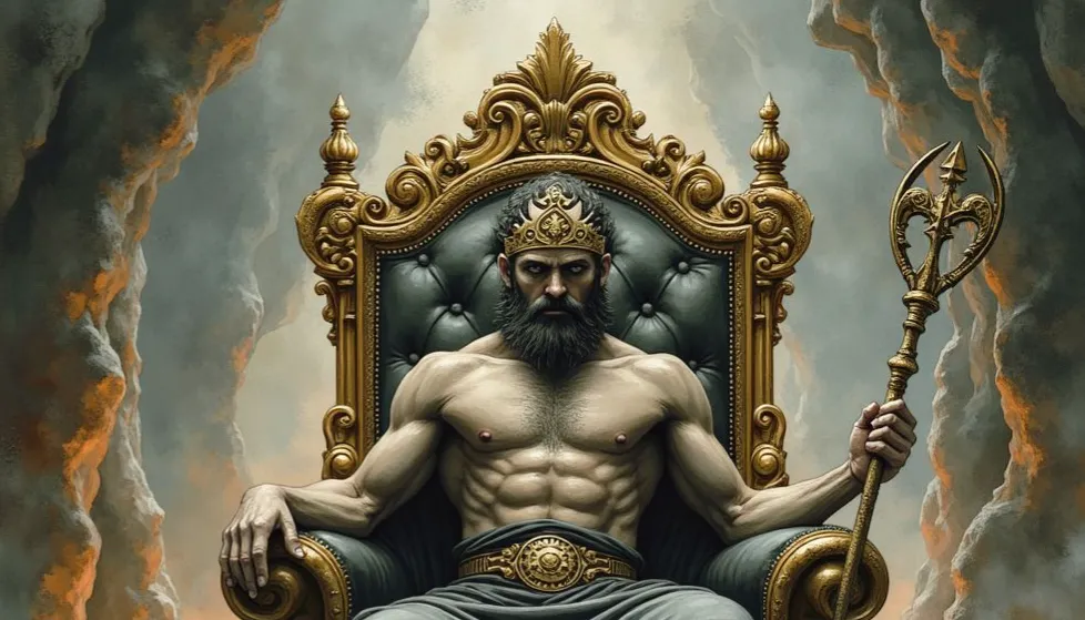 Der griechische Gott Hades mit dunklem Bart und Krone, der mit muskulösem Oberkörper auf einem goldenen Thron in der Unterwelt sitzt und ein Zepter hält