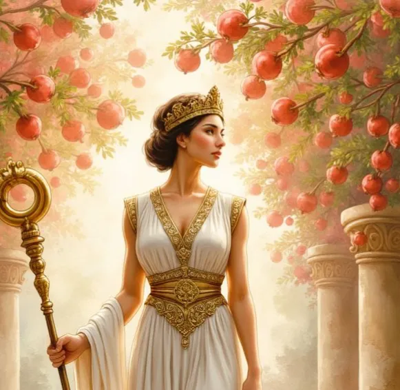 Die griechische Göttin Hera mit goldener Krone und Zepter, die in einem Garten mit Obstbäumen und antiken Säulen steht