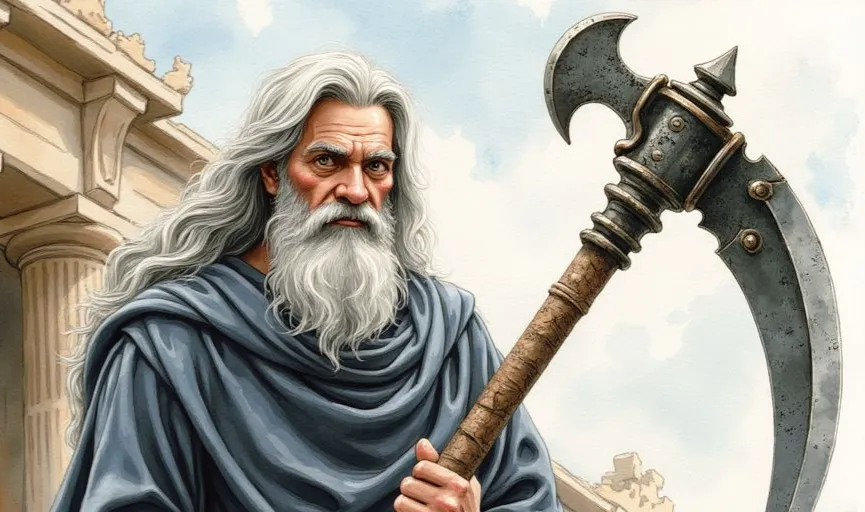 Der Titan Kronos als alter Mann mit langem, weißem Haar und Bart, der mit ernstem Blick eine große Sense vor einem antiken Tempel hält