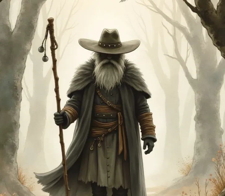 Der nordische Gott Odin als alter Wanderer mit langem, grauem Bart, Hut und Wanderstab, der durch einen nebligen Wald schreitet