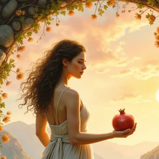 Die Göttin Persephone mit langen, dunklen Locken, die im Licht der Abendsonne steht und einen Granatapfel in der Hand hält