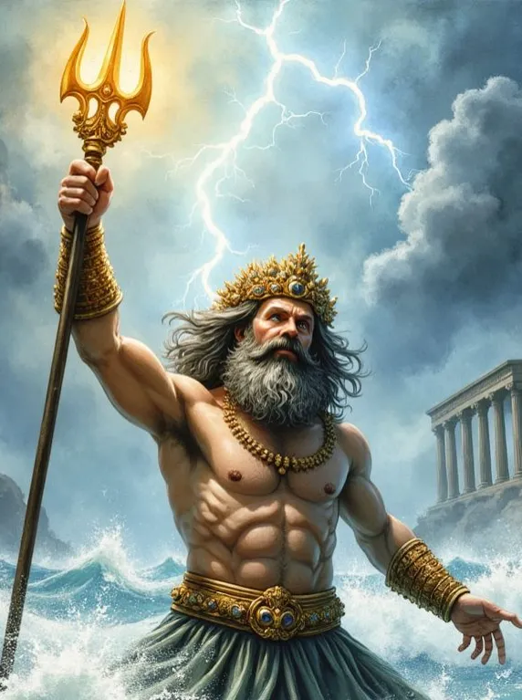 Der Gott Poseidon mit grauem Bart und goldener Krone, der mit muskulösem Oberkörper im stürmischen Meer steht und seinen Dreizack emporhebt, während im Hintergrund Blitze zucken