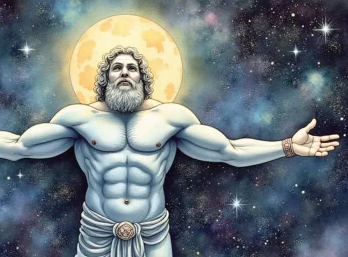 Der Urgott Uranos mit weißem Bart und muskulösem, blassem Körper, der mit ausgebreiteten Armen im sternenklaren Kosmos vor einem leuchtenden Himmelskörper schwebt