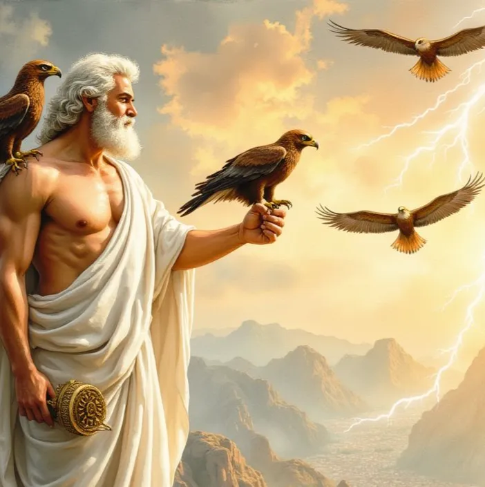 Der Göttervater Zeus mit weißem Haar und muskulösem Oberkörper, der auf einem Berg steht, umgeben von Adlern, während im Himmel Blitze zucken