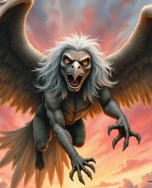 Eine furchterregende Harpyie im Flug mit weit aufgerissenem Schnabel, gelben Augen, grauem, zerzaustem Haar und vogelartigen Klauen vor einem rot gefärbten Abendhimmel