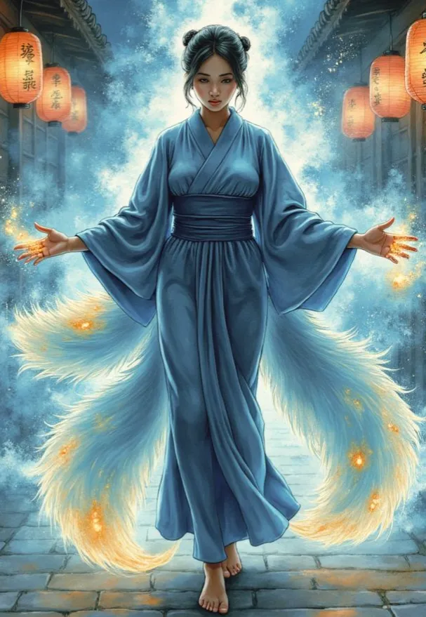 Eine Kitsune in Gestalt einer Frau in einem blauen Kimono, die von neun flauschigen, an den Spitzen leuchtenden Fuchsschwänzen umgeben ist und in ihren Händen magische Funken hält, während sie durch eine neblige japanische Gasse schreitet