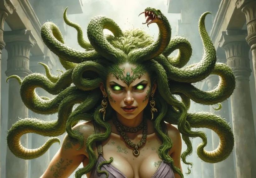 Medusa blickt den Betrachter mit leuchtend grünen Augen intensiv an, während sich grüne Schlangen als ihr Haar winden, im Hintergrund sind antike Säulen zu sehen