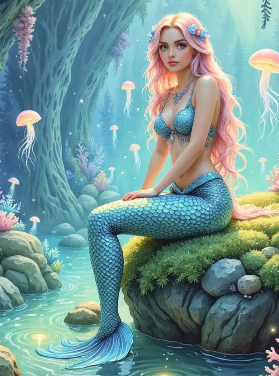 Eine Meerjungfrau mit langen rosa Haaren und einem schimmernden blauen Fischschwanz sitzt auf einem moosbewachsenen Felsen am Rande eines Gewässers, im Hintergrund schweben Quallen durch eine magische Unterwasserlandschaft
