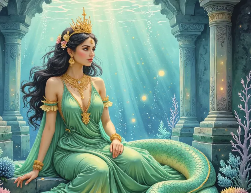 Eine Naga-Prinzessin mit goldener Krone und Schmuck und einem grünen Schlangenleib sitzt anmutig in einem versunkenen Tempel, umgeben von Säulen und Korallen, während Lichtstrahlen durch das Wasser scheinen
