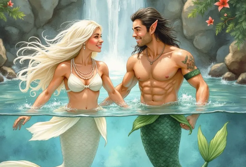 Eine Nixe mit langem, blondem Haar und weißem Fischschwanz hält Händchen mit einem Nöck mit dunklem Haar und grünem Fischschwanz, beide lächeln sich verliebt im Wasser vor einem Wasserfall an