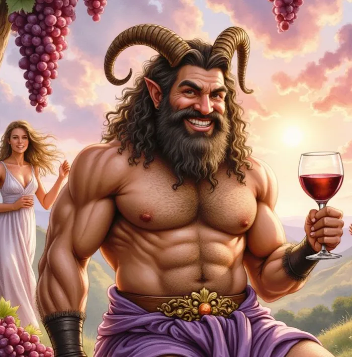 Ein fröhlicher, muskulöser Satyr mit großen Hörnern und Bart hebt ein Glas Rotwein, im Hintergrund hängen Weintrauben und eine Frau in einem weißen Kleid lächelt ihm zu