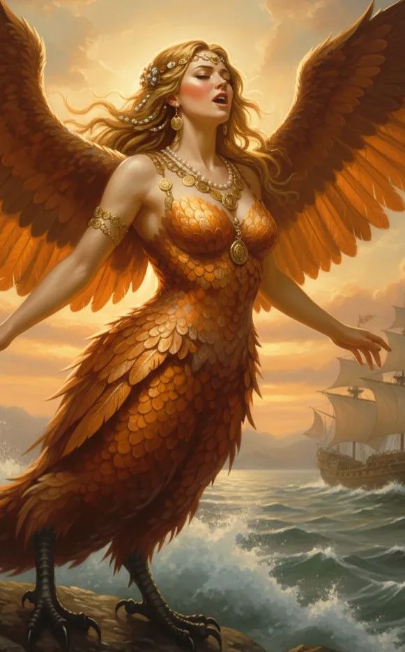 Eine Sirene als Mischwesen aus Frau und Vogel mit goldenen Federn und Flügeln singt an einer Felsenküste, während im Hintergrund ein Schiff auf dem Meer bei Sonnenuntergang zu sehen ist