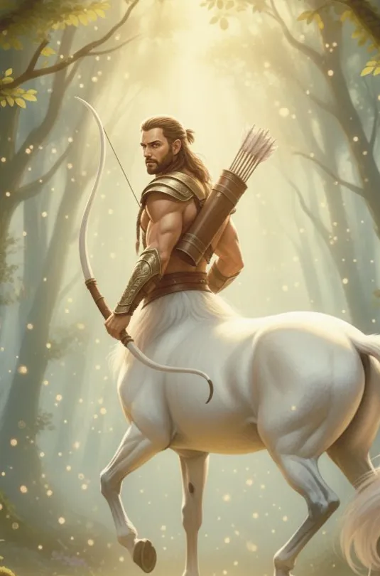 Ein Zentaur mit dem Unterleib eines weißen Pferdes und dem Oberkörper eines muskulösen Kriegers hält einen Bogen und blickt über die Schulter, während er durch einen lichtdurchfluteten Wald schreitet