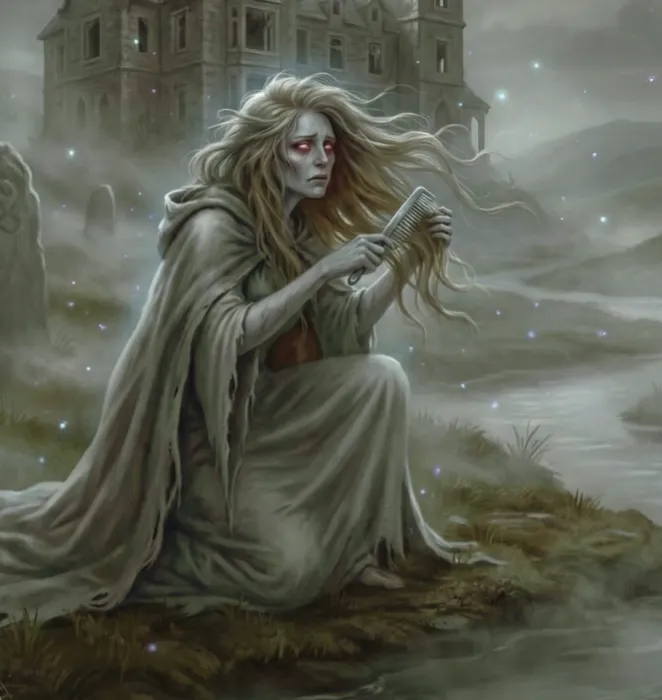 Banshee mit bleichem, schmerzerfülltem Gesicht die in der Dunkelheit traurig ihr langes Haar kämmt