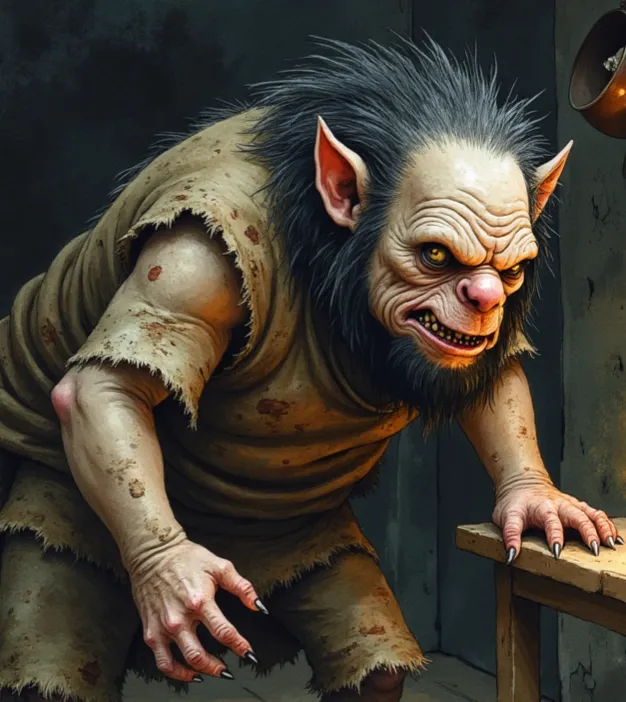 Boggart als kauernde, koboldartige Kreatur mit stacheligem Haar und gelb leuchtenden Augen, der sich mit seinen langen Klauen auf einem Holztisch abstützt und bedrohlich knurrt