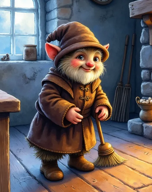 Brownie als kleines, lächelndes Wichtelwesen mit spitzem Hut, weißem Bart und brauner Kleidung, das in einer Stube einen kleinen Besen hält