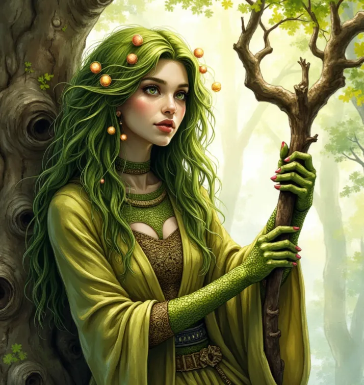 Dryade mit langen grünen Haaren und leuchtend grünen Augen, die in einem hellen Wald an einen Baum gelehnt steht und einen hölzernen Stab hält
