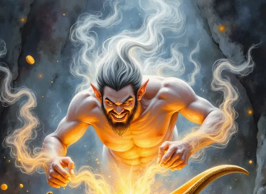 Ein muskulöser Dschinn mit feurigen Augen und einem verschlagenen Grinsen entsteigt einer goldenen Lampe, umgeben von Rauch und schwebenden Goldmünzen