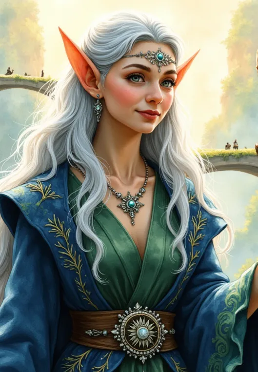 Elfe mit langen weißen Haaren, spitzen Ohren und blau-grüner Kleidung, die mit türkisfarbenem Schmuck verziert ist und sanft lächelt