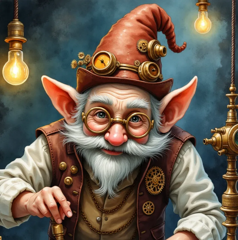 Gnom als alter Tüftler mit weißem Bart, großen Ohren und einem Spitzhut, der mit Zahnrädern und einer Steampunk-Brille verziert ist