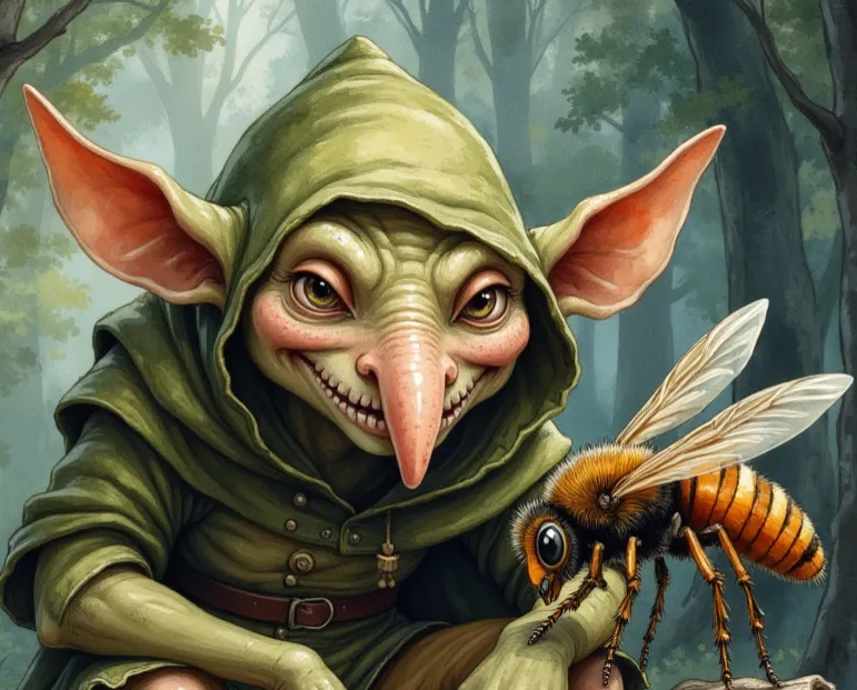 Goblin mit grüner Haut, spitzer Nase und großen Ohren, der eine grüne Kapuze trägt, verschmitzt lächelt und eine große Biene auf der Hand hält
