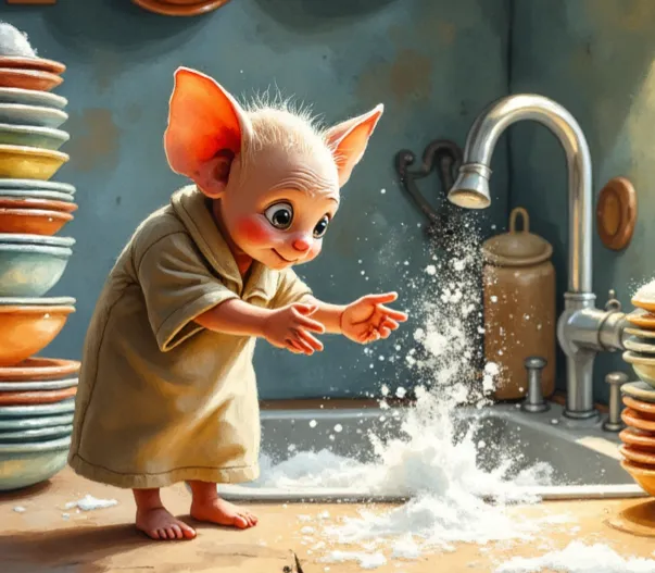 Hausgeist als kleines, niedliches Wesen mit riesigen Ohren, das in einer Küche steht und glücklich mit Wasser aus dem Spülbecken planscht