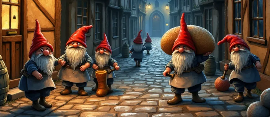 Heinzelmännchen als eine Gruppe von Wichteln mit roten Zipfelmützen und langen weißen Bärten, die nachts in einer gepflasterten Gasse verschiedene Handwerksarbeiten verrichten