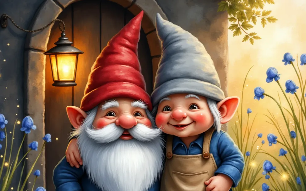 Zwei lächelnde Kabouter, einer mit roter Mütze und langem Bart, der andere mit grauer Mütze, die sich vor einem Hauseingang umarmen