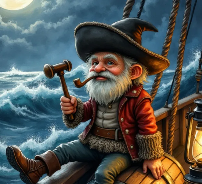 Klabautermann als kleiner Kobold mit Bart, Pfeife und Seemannshut, der bei stürmischer See auf einem Schiff sitzt und einen Hammer hält